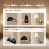 Two installation methods for a wall-mounted light fixture on a beige background.